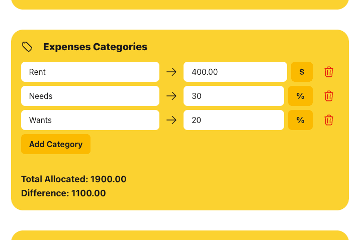 The expense categories section, with Rent set to a dollar amount and Needs and Wants set to percentages, above a total allocated and difference